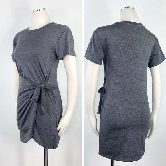 Grey Faux Wrap Mini Dress Short Sleeve Crew Tee EU - Picture 2 of 8